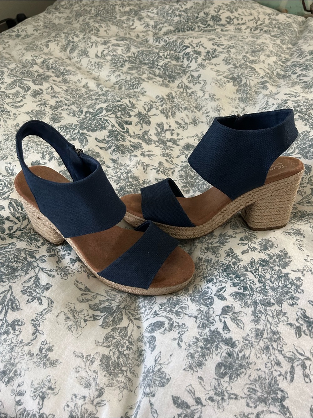Toms Navy Espadrille Block Heel Wedges